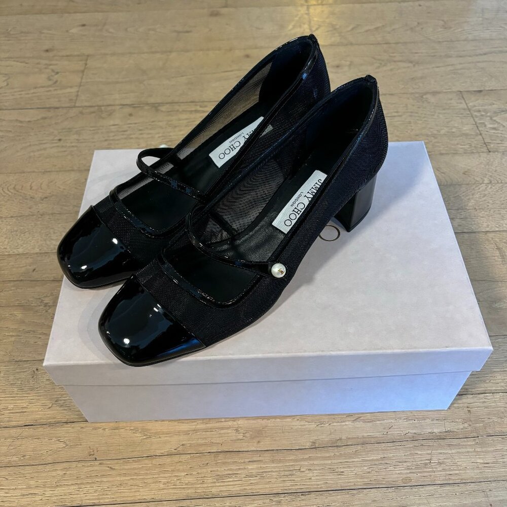 Jimmy Choo Elisa Black Mesh Pump/Mary Jane with Pearl